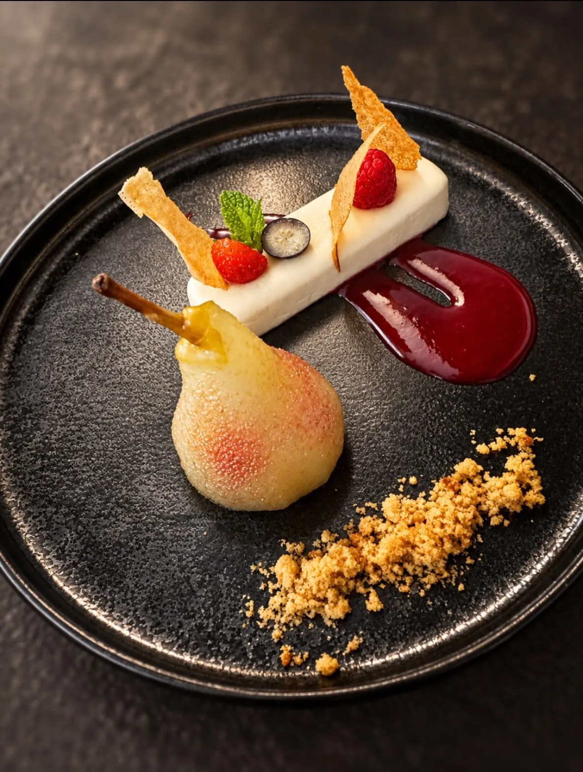 Poire pochée, bavaroise à la vanille et coulis de fruits rouges